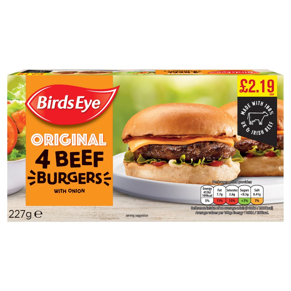 Birds Eye Original 4 Beef Burgers with Onion 227g