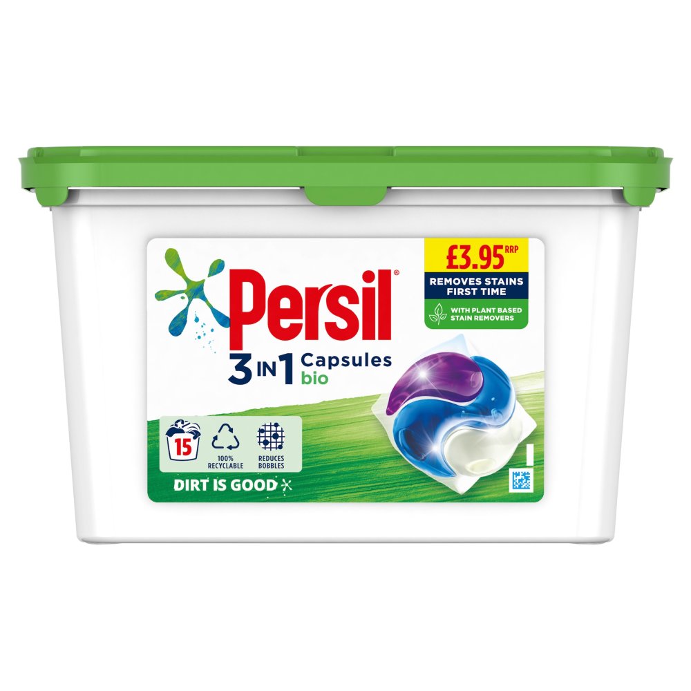 Persil Bio 3 in 1 Bio brilliant stain removal Laundry Washing Capsules 100% recyclable tub 15 Wash