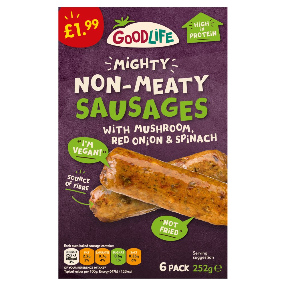 Goodlife 6 Mighty Non-Meaty Sausages with Mushroom, Red Onion & Spinach 252g