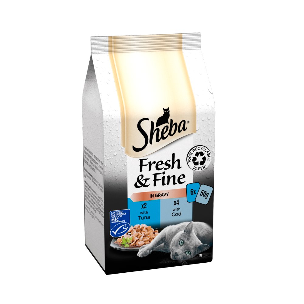 Sheba Fresh & Fine Wet Cat Food Pouches Tuna & Cod in Gravy 6 x 50g