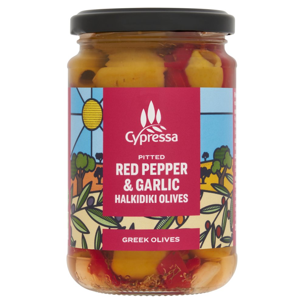 Cypressa Pitted Red Pepper & Garlic Halkidiki Olives 315g