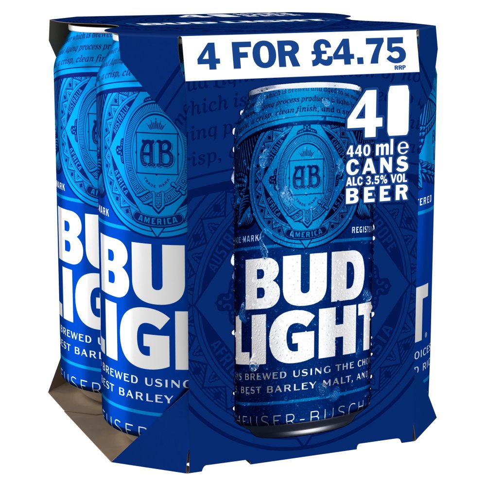 Bud Light Lager Beer Cans 4 x 440ml PMP £4.75