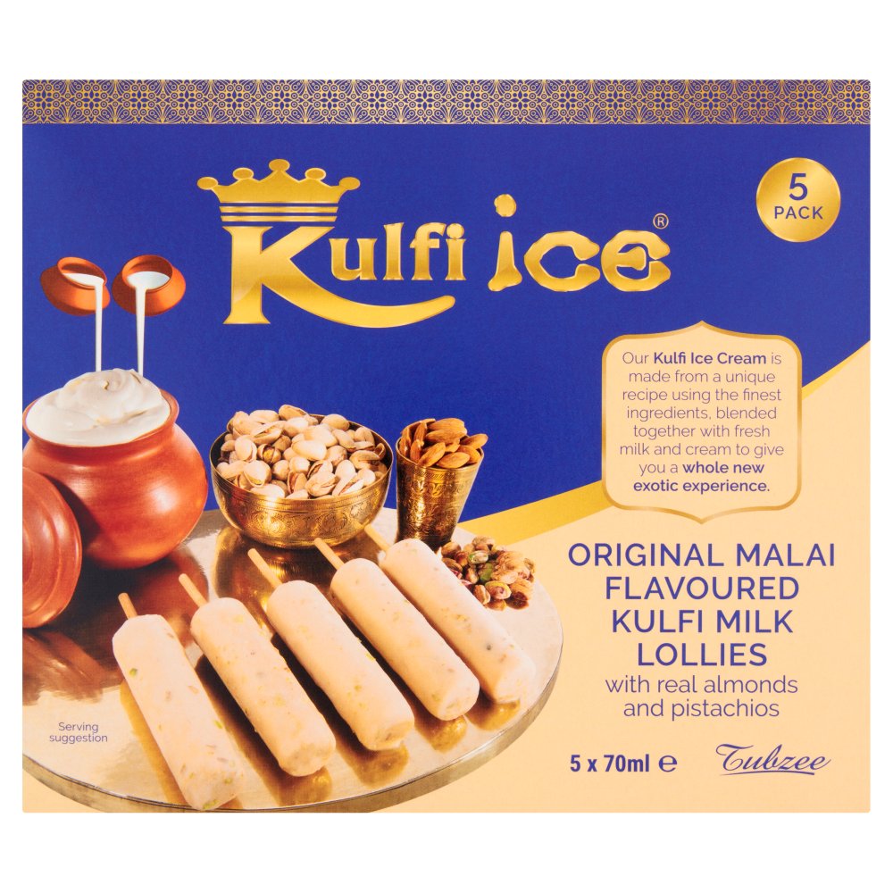 Kulfi Ice Original Malai Flavoured Kulfi Milk Ice Lollies with Real Almonds & Pistachios 5 x 70ml