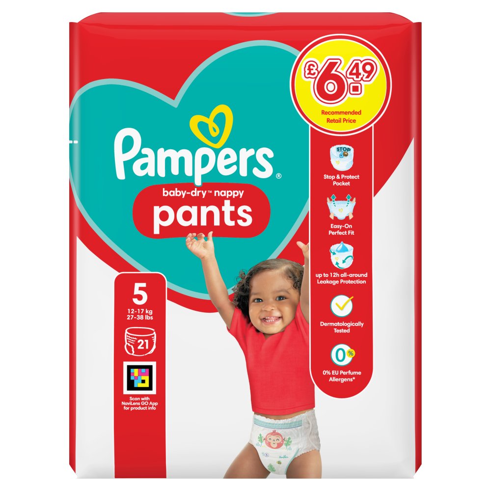Pampers Baby-Dry Nappy Pants Size 5, 21 Nappies, 12kg - 17kg, Carry Pack