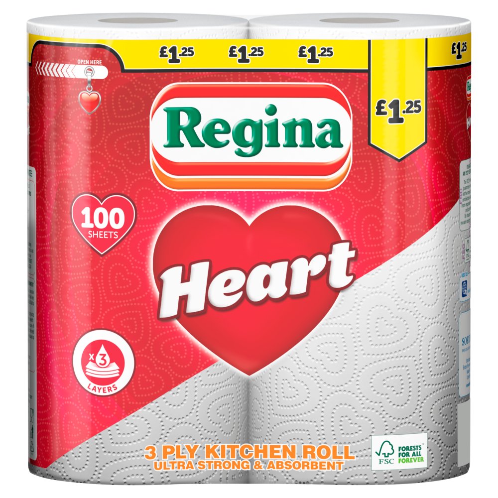 Regina Heart Kitchen Roll 3 Ply 100 Sheets Bestway Wholesale