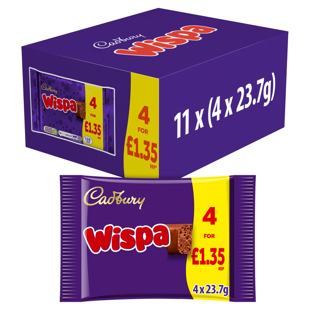 Cadbury Wispa Chocolate Bar 4 Pack Multipack £1.35 PMP 94.8g