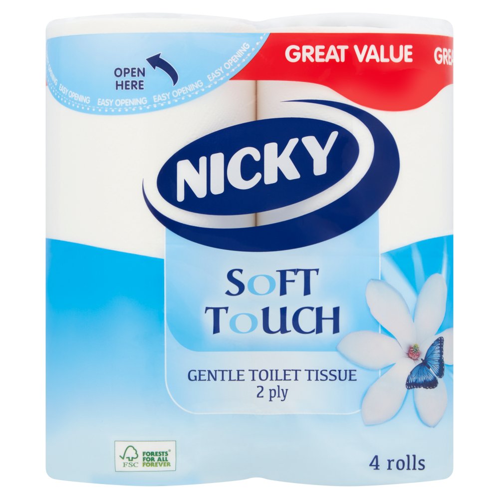 Nicky Soft Touch Gentle Toilet Tissue 2 Ply 4 Rolls