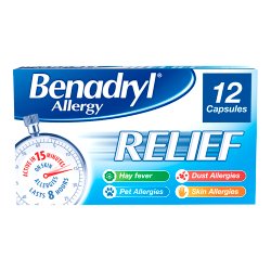 BENADRYL Allergy Relief capsules gets to work in 15mins for Allergy relief. Pack of 12.