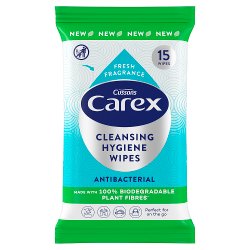 Carex Cleansing Hygiene Wipes Antibacterial Biodegradable Fibre 15 Wipes