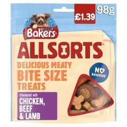 Bakers Allsorts Delicious Meaty Bite Size Treats Flavoured with Chicken, Beef & Lamb 98g