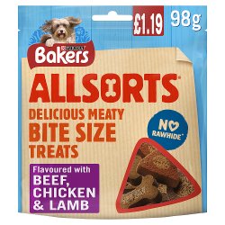 Bakers Allsorts Delicious Bite Size Treats Flavoured with Chicken, Beef & Lamb 98g