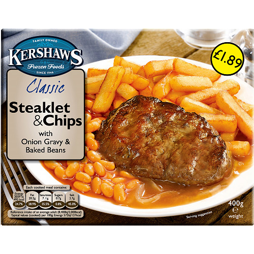 Kershaws Classic Steaklet & Chips with Onion Gravy and Baked Beans 360g